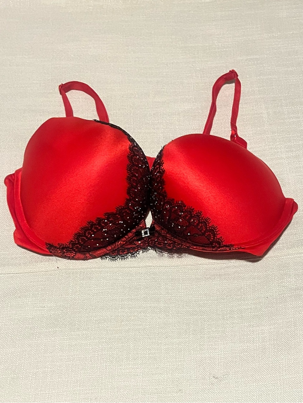 Miraculous Plunge Red Satin Bra w/ Blk Lace Details (38C)